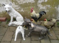 Var garden ornaments inc a fox, chickens & dogs
