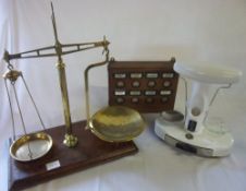 W & T Avery brass balance scales, Avery chemist's scales & servants bell pull display