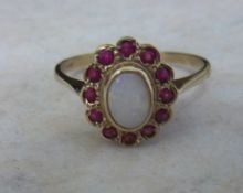 9ct gold opal & ruby ring - size approx T 1/2