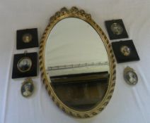Oval mirror & 6 sm framed portraits