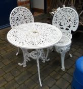 White cast metal patio table & 2 chairs