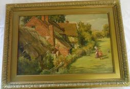 Sidney Currie oil on canvas cottage scene with mother, child & dog (some damage), size approx