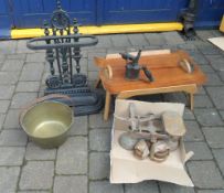 Cast iron umbrella stand, retro bed tray, brass panchion, blow torch, balance scales