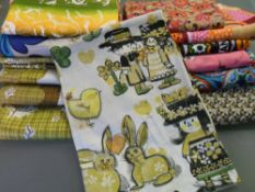 Vintage 1960 - 70 assorted coloured fabrics inc "Bunny Rabbits" and fibreglass curtains