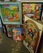 Spotter pinball machine playfield, 4 pinball back boxes & 5 pinball back glasses (sold for parts