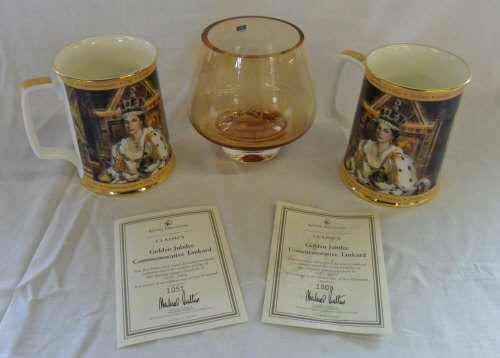3 Ltd Ed Royal Doulton golden jubilee tankards (2 pictured) & Caithness jubilee vase