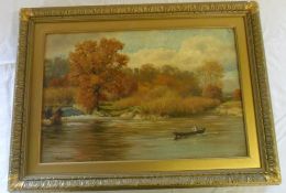 Sidney Currie oil on canvas of a river scene with a rowing boat