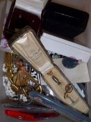 Box of mainly costume jewellery, some 9ct gold earings, sterling silver earings, and 2 poss gold tie