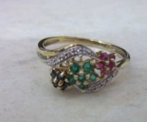 9ct gold triple cluster ring ruby / emerald / sapphire - size approx U