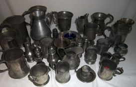 Lg sel of pewter tankards, jugs, salt & pepper pots, etc