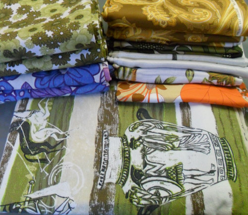 Vintage assorted coloured fabrics 1960 - 70 inc linen curtains