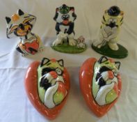 5 Lorna Bailey cat figurines inc golfing & love hearts.