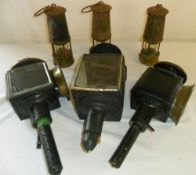 3 miners lamps by 'The Protector Lamp & Lighting Co. Ltd. Type SL' and 3 coaching lamps