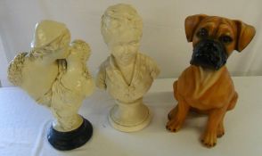 2 plaster of paris busts & a figureen of a boxer dog