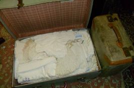 2 old suitcases of linen & lace