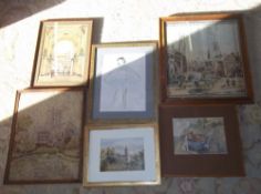 6 framed pictures inc 2 needlepoint & 2 seascape paintings