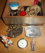 Tin box containing vintage items including Ruhla pocket watch, lead soldier, Jim Beam belt buckle,