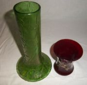 Tall green vase with lustre possibly Loetz & 19th C Bohemian glass vase, chipped