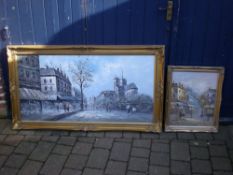 2 gilt framed oil paintings of continental street scenes, largest size approx 125 x 73 cm