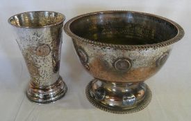 Copper/S.P punch bowl & drinking jug with dice underneath inlaid with George III pennies