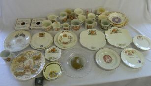 Lg box of various commemorative ware inc plates, mugs, Wade dishes etc