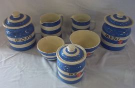 T G Green Cornishware, 7 pcs inc biscuit barrel, muesli & rice storage jars & jugs