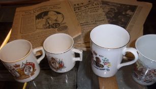 Newspapers from 1954 & 4 commemorative mugs inc 1937, 1953 coronation, etc