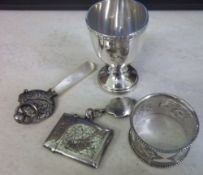 Silver napkin ring, small silver goblet Birm 1960, silver vesta case and a baby's rattle, approx