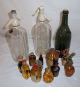 11 miniature bottles, champagne bottle from 1809, Chemist Farmer. Spilsby soda siphon & Schweppes