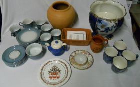 Box of ceramics inc Spode Christmas plates, Denby part tea service, Rington's mugs etc