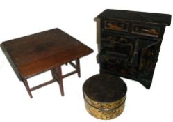 Miniature gate leg wooden table, lacquer jewellery box and a decorative round container with lid