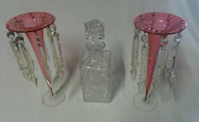 2 cranberry glass table lustres & glass decanter