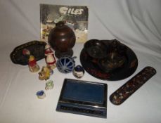 Figurines, wooden plates, Giles book etc