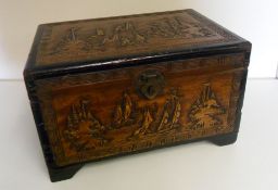 Oriental carved jewellery box with costume jewellery & watches