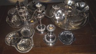 Lg sel of S P inc 2 serving trays, tea pots, candelabra, etc