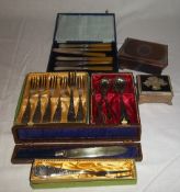 S P boxed spoons, sm sugar tongs, forks, knife, etc