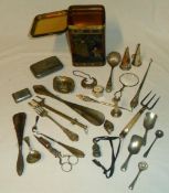 Tin full of var. sm collectable's inc ink well, button hooks, candle snuffers, etc, some S P