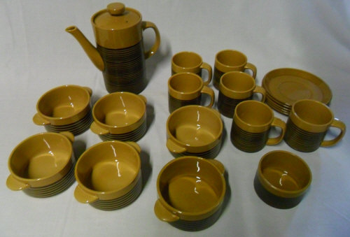 T G Green 'Sark Honey Black' part coffee set & soup bowls