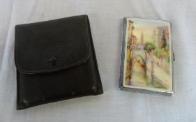 Silver ladies cigarette case with an enamel Venetian scene & leather case, London import mark