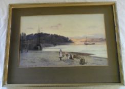 Carleton Grant 1890 water colour coastal scene with mother & child in foreground