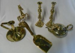 Brass inc teapot, horse figure, candlesticks etc