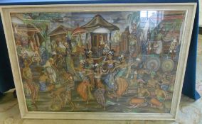 Lg oil on canvas of an Indonesian dancing scene, size approx 102 x 73 cm