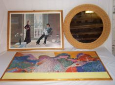 David Hockney print, framed poster and a circular mirror