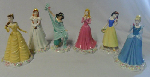 6 Royal Doulton Disney princesses, with original boxes. Inc Ariel, Jasmine, Sleeping Beauty, Snow