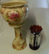 Jardiniere on stand & red glass table lustre