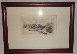 Countryside pond scene etching signed by C Law