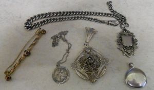 Silver fob chain, poss gold brooch & other chains etc