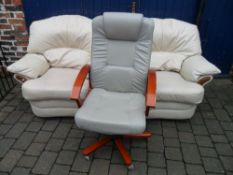 2 leather reclining arm chairs & an office swivel chair
