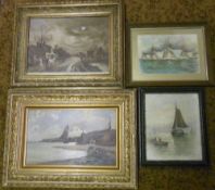 Oil on board seascape by Alice Fletcher, watercolour sea scape, framed print of battleships & 'The