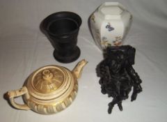 Aynsley vase, Wedgwood vase, carved figurine & Derby teapot
